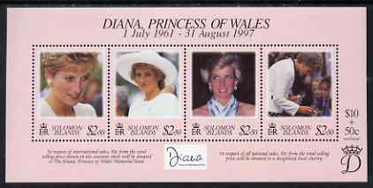 Solomon Islands 1998 Diana, Princess of Wales commemoration miniature sheet of 4 values unmounted mint, SG MS908, stamps on , stamps on  stamps on royalty, stamps on  stamps on diana