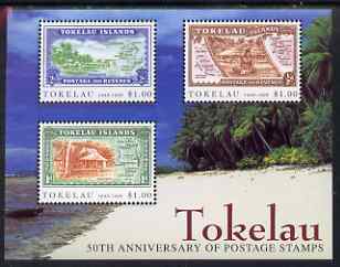 Tokelau 1998 50th Anniversary of Tokelau Postage Stamps m/sheet of 3 values unmounted mint, SG MS277, stamps on postal, stamps on stamp on stamp, stamps on maps, stamps on stamponstamp