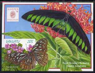 Vanuatu 1999 Butterflies self-adhesive m/sheet (Tirumala hamata, Troides brookiana (Ralph Brooke's Birdwing)) with Singpex 98 insignia as MS 783, stamps on stamp exhibitions, stamps on butterflies, stamps on self adhesive