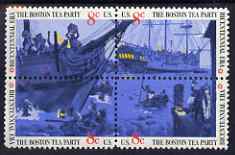 United States 1973 American Revolution Bicentennial - The Boston Tea Party se-tenant block of 4 unmounted mint, SG 1504b, stamps on ships, stamps on food & drink, stamps on  tea , stamps on americana