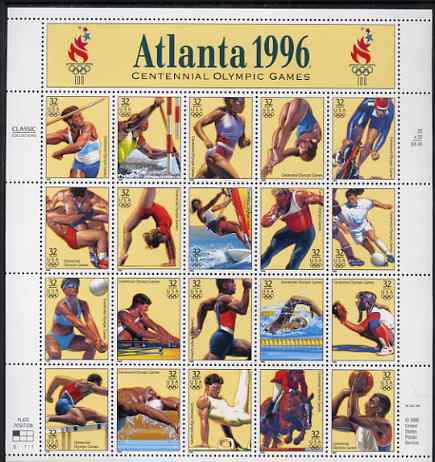 United States 1996 Olympic Games, Atlanta set of 20 in complete sheet with label, unmounted mint, SG 3203a, stamps on sports, stamps on olympics, stamps on cycling, stamps on wrestling, stamps on gymnastics, stamps on football, stamps on rowing, stamps on swimming, stamps on basketball, stamps on horse-riding, stamps on show jumpsing, stamps on sport