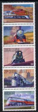 United States 1999 Trains se-tenant vertical strip of 5 unmounted mint, SG 3644a, stamps on railways