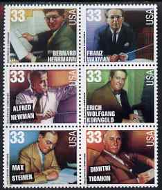 United States 1999 Hollywood Composers se-tenant block of six unmounted mint, SG 3651a, stamps on music, stamps on personalities, stamps on films, stamps on composers, stamps on movies, stamps on cinema