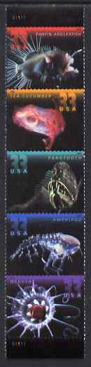 United States 2000 Deep Sea Creatures vertical se-tenant strip of 5 unmounted mint, SG 3876a, stamps on marine life, stamps on fish, stamps on crustaceans