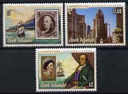 Cook Islands 1986 Ameripex 86 Stamp Exhibition perf set of 3 unmounted mint, SG 1069-71, stamps on stamp exhibitons, stamps on stamponstamp, stamps on americana, stamps on usa presidents, stamps on ships, stamps on cook, stamps on 
