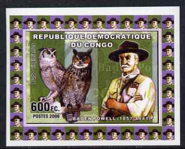 Congo 2006 Baden Powell & Owls #3 - Great Horned Owl individual imperf deluxe sheet unmounted mint. Note this item is privately produced and is offered purely on its them..., stamps on personalities, stamps on scouts, stamps on owls, stamps on birds, stamps on birds of prey