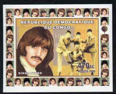 Congo 2006 Beatles #4 - Ringo Starr individual imperf deluxe sheet unmounted mint. Note this item is privately produced and is offered purely on its thematic appeal, stamps on , stamps on  stamps on personalities, stamps on  stamps on beatles, stamps on  stamps on pops, stamps on  stamps on rock, stamps on  stamps on music
