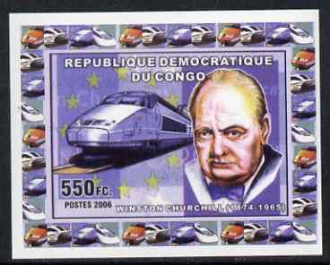 Congo 2006 Statesmen & Trains #1 - Churchill & Modern Train individual imperf deluxe sheet unmounted mint. Note this item is privately produced and is offered purely on its thematic appeal, stamps on railways, stamps on personalities, stamps on churchill, stamps on constitutions, stamps on  ww2 , stamps on masonry, stamps on masonics, stamps on 