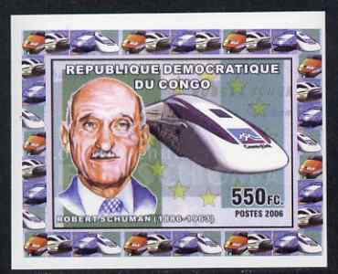 Congo 2006 Statesmen & Trains #4 - Robert Schuman & Modern Train individual imperf deluxe sheet unmounted mint. Note this item is privately produced and is offered purely on its thematic appeal, stamps on railways, stamps on personalities, stamps on constitutions, stamps on  ww2 , stamps on 