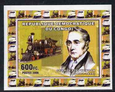 Congo 2006 George Stephenson #2 - With early US Steam Loco individual imperf deluxe sheet unmounted mint. Note this item is privately produced and is offered purely on it..., stamps on personalities, stamps on railways