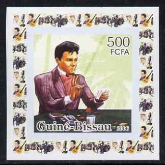 Guinea - Bissau 2006 Elvis Presley #4 - Playing cards behind individual imperf deluxe sheet unmounted mint. Note this item is privately produced and is offered purely on its thematic appeal, stamps on personalities, stamps on elvis, stamps on music, stamps on films, stamps on cinema, stamps on movies, stamps on pops, stamps on rock, stamps on playing cards, stamps on 