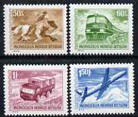 Mongolia 1973 Transport perf set of 4 unmounted mint, SG 739-42, stamps on transport, stamps on aviation, stamps on railways, stamps on trucks, stamps on horses, stamps on postman