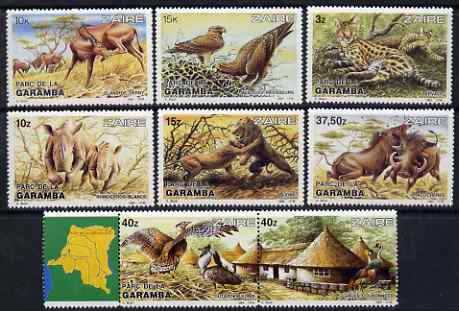 Zaire 1984 Garamba National Park perf set of 8 unmounted mint SG 1172-79, stamps on national parks, stamps on maps, stamps on lions, stamps on cats, stamps on eland, stamps on rhinos, stamps on warthogs, stamps on swine, stamps on bustards, stamps on cranes, stamps on birds, stamps on eagles, stamps on birds of prey