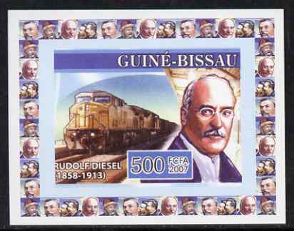 Guinea - Bissau 2007 Inventors #2 - Rudolf Diesel individual imperf deluxe sheet unmounted mint. Note this item is privately produced and is offered purely on its themati..., stamps on personalities, stamps on inventions, stamps on railways
