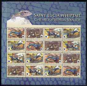 St Lucia 2008 WWF - Whiptail Lizard perf sheetlet containing 16 values (4 se-tenant strips of 4) unmounted mint , stamps on animals, stamps on  wwf , stamps on reptiles, stamps on lizards