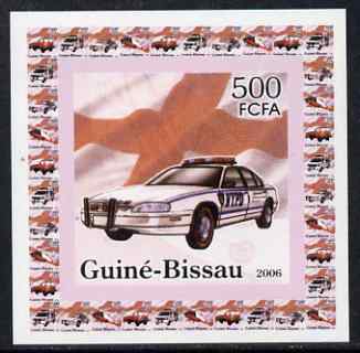 Guinea - Bissau 2006 Red Cross & Emergency Services #2 - Police Car (NYPD) individual imperf deluxe sheet unmounted mint. Note this item is privately produced and is offe..., stamps on red cross, stamps on rescue, stamps on police, stamps on cars, stamps on  law , stamps on flags