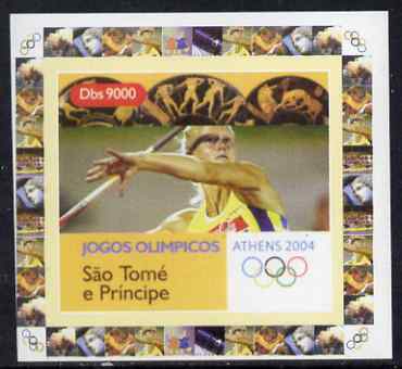 St Thomas & Prince Islands 2004 Athens Olympic Games #3 - Javelin individual imperf deluxe sheet unmounted mint. Note this item is privately produced and is offered purely on its thematic appeal , stamps on sport, stamps on olympics, stamps on javelin