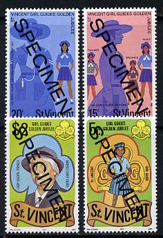St Vincent 1977 Girl Guides set of 4 (the $2 with opt dates omitted) opt'd Specimen unmounted mint, as SG 536-39 (gutter pairs pro rata), stamps on scouts, stamps on guides