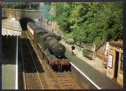 Postcard produced in 1980's in full colour showing GWR Collett 2251 Class 0-6-0, unused and pristine, stamps on railways