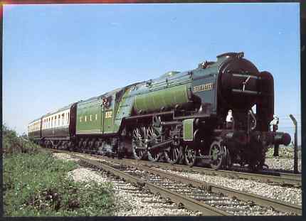 Postcard produced in 1980's in full colour showing LNER Peppercorn A2/3 Class 4-6-2 Blue Peter, unused and pristine, stamps on railways