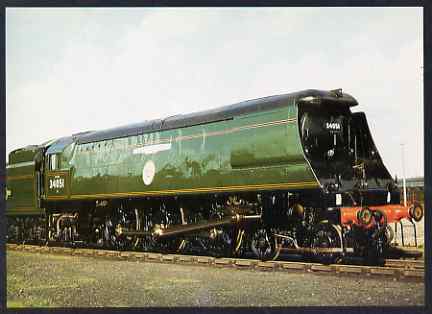 Postcard produced in 1980's in full colour showing Southern Railway Bulleid unrebuilt West Country/Battle of Britain Class 4-6-2 Winston Churchill, unused and pristine, stamps on railways, stamps on churchill