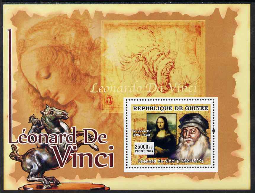 Guinea - Conakry 2007 Leonardo da Vinci (Mona Lisa) perf souvenir sheet unmounted mint, stamps on personalities, stamps on leonardo, stamps on da vinci, stamps on arts, stamps on science, stamps on maths, stamps on sculpture, stamps on inventor