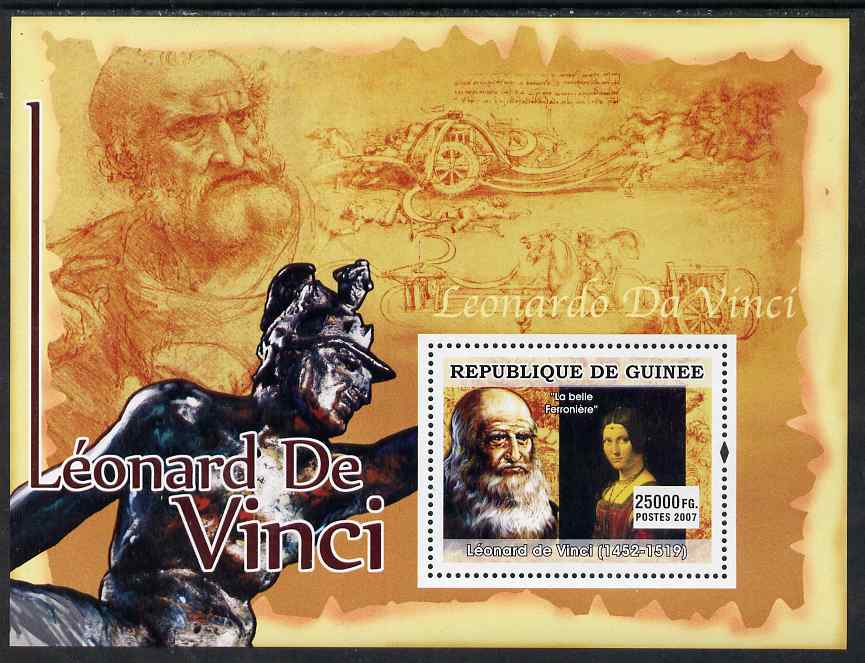 Guinea - Conakry 2007 Leonardo da Vinci (La Belle Ferroniere) perf souvenir sheet unmounted mint, stamps on personalities, stamps on leonardo, stamps on da vinci, stamps on arts, stamps on science, stamps on maths, stamps on sculpture, stamps on inventor