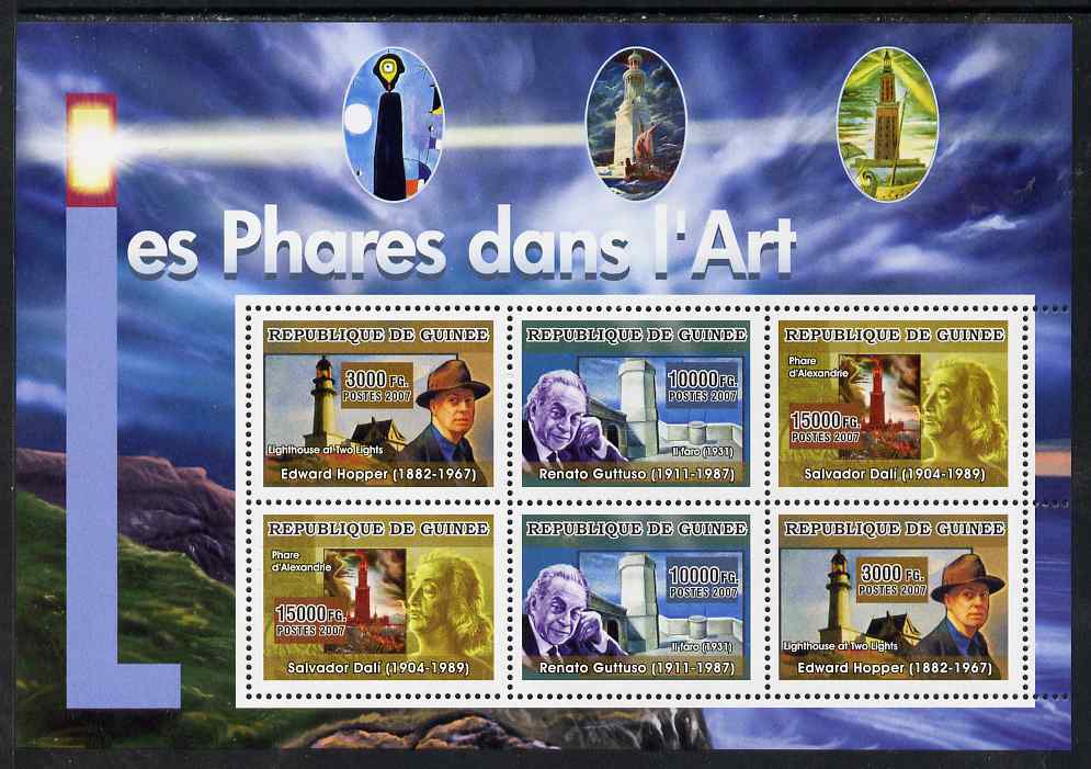 Guinea - Conakry 2007 Lighthouses in Art perf sheetlet containing 6 values (2 sets of 3) unmounted mint, stamps on arts, stamps on lighthouses, stamps on hopper, stamps on guttuso, stamps on dali