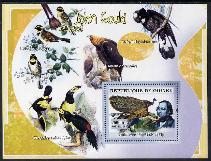 Guinea - Conakry 2007 Birds in Art (John Gould) perf souvenir sheet unmounted mint, stamps on arts, stamps on birds, stamps on gould, stamps on birds of prey