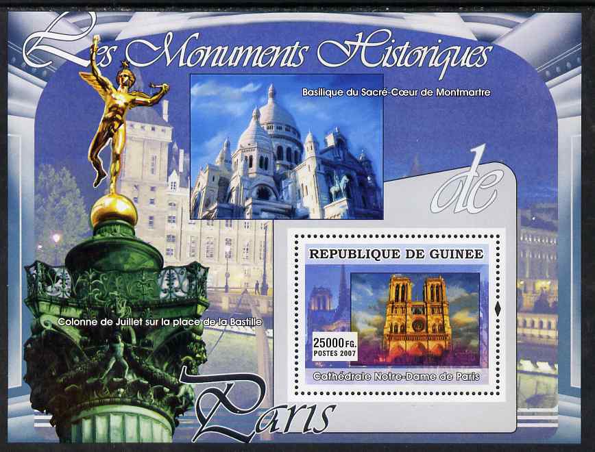 Guinea - Conakry 2007 Monuments of Paris (Notre Dame) perf souvenir sheet unmounted mint, stamps on tourism, stamps on monuments, stamps on cathedrals