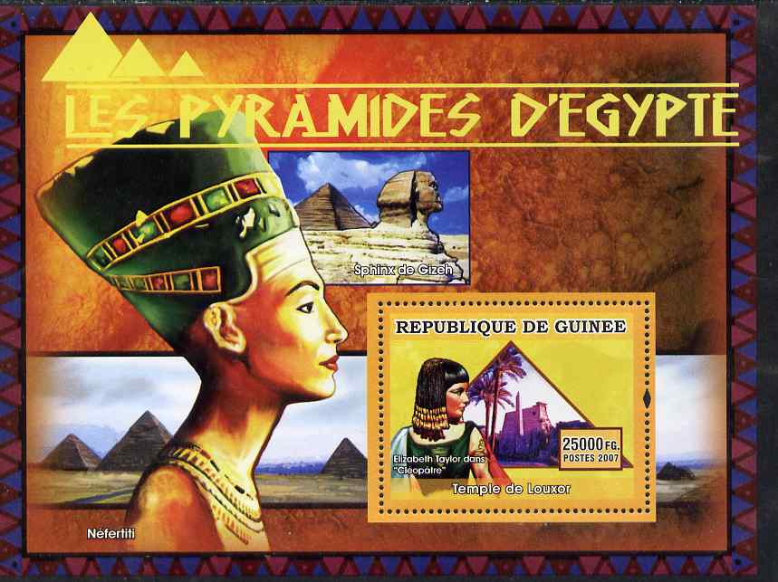 Guinea - Conakry 2007 Pyramids of Egypt (Elizabeth Taylor, Cleopatra & Temple at Luxor) perf souvenir sheet unmounted mint, stamps on , stamps on  stamps on tourism, stamps on  stamps on monuments, stamps on  stamps on women, stamps on  stamps on films, stamps on  stamps on movies, stamps on  stamps on egyptology