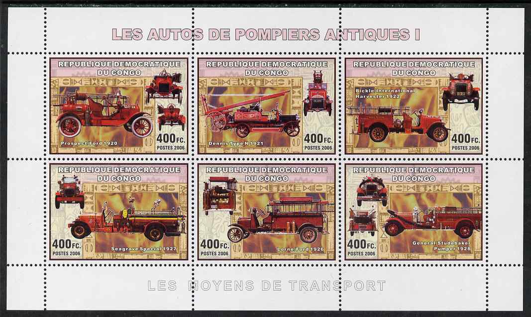 Congo 2006 Transport - Early Fire Engines perf sheetlet containing 6 values unmounted mint, stamps on transport, stamps on fire