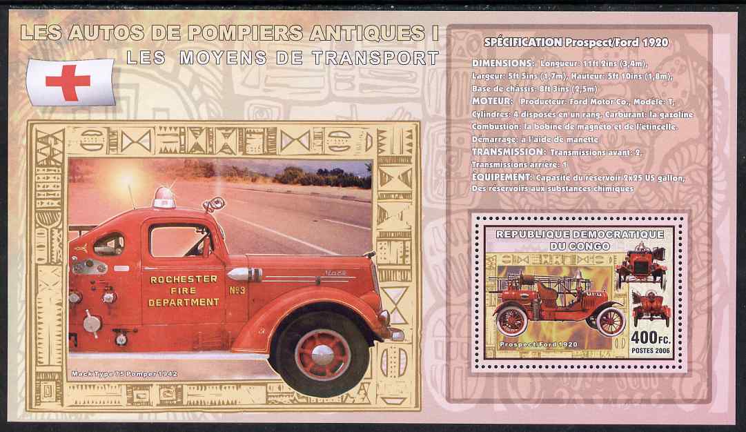 Congo 2006 Transport - Early Fire Engines (Prospect-Ford & Mack 75) perf souvenir sheet unmounted mint, stamps on transport, stamps on fire