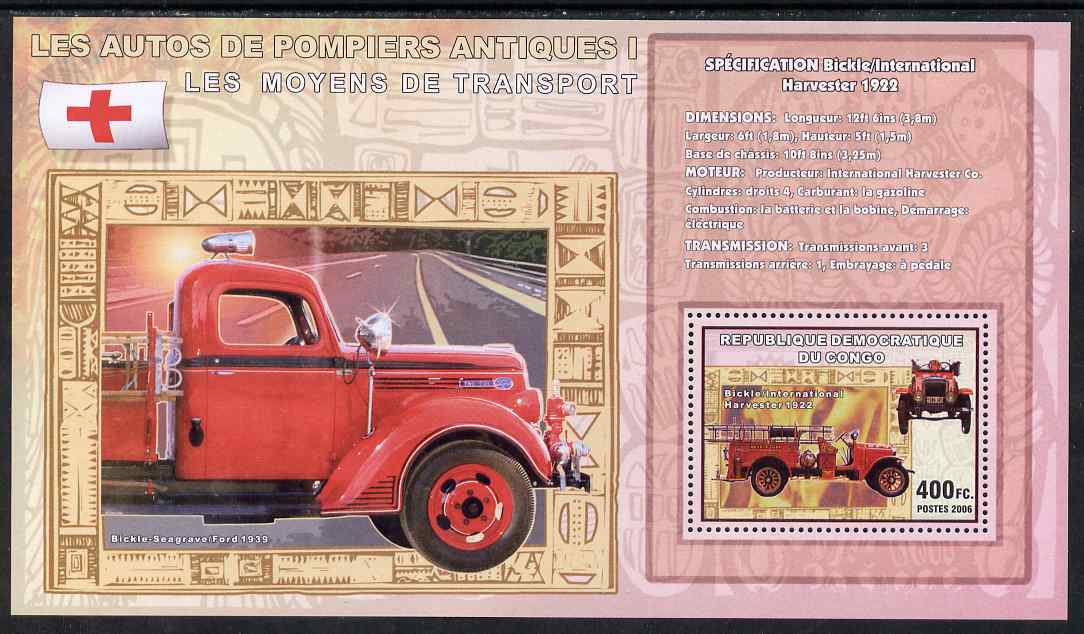 Congo 2006 Transport - Early Fire Engines (Bickle) perf souvenir sheet unmounted mint, stamps on transport, stamps on fire