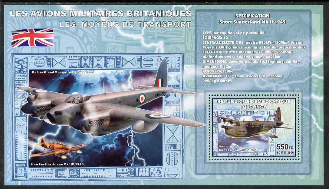 Congo 2006 Transport - British Military Aircraft (Short Sunderland, Hurricane & Mosquito) perf souvenir sheet unmounted mint, stamps on transport, stamps on aviation, stamps on  ww2 , stamps on flying boats