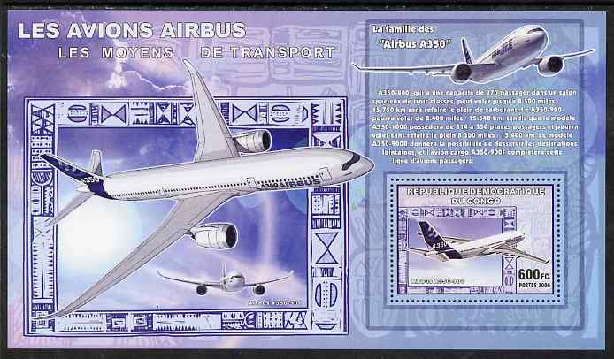 Congo 2006 Transport - Airbus A-350 perf souvenir sheet unmounted mint, stamps on transport, stamps on aviation, stamps on airbus