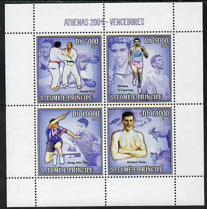 St Thomas & Prince Islands 2006 Athens Olympic Games Winners perf sheetlet containing 4 values unmounted mint, Mi 2729-32, stamps on olympics, stamps on judo, stamps on running, stamps on swimming, stamps on table tennis, stamps on martial arts, stamps on 