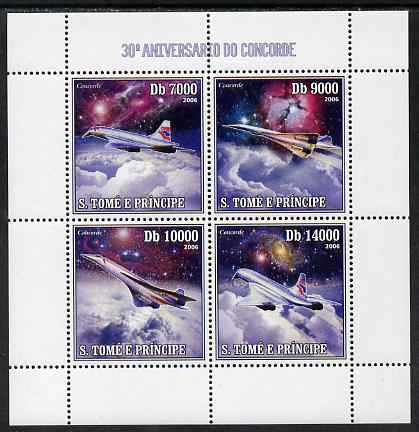 St Thomas & Prince Islands 2006 30th Anniversary of Concorde perf sheetlet containing 4 values unmounted mint, Mi 2724-27, stamps on aviation, stamps on concorde