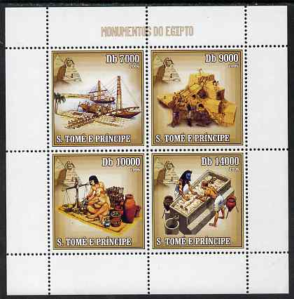 St Thomas & Prince Islands 2006 Monuments of Egypt perf sheetlet containing 4 values unmounted mint, Mi 2704-07, stamps on tourism, stamps on egyptology, stamps on ships