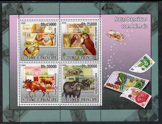 St Thomas & Prince Islands 2008 Animals on Banknotes perf sheetlet containing 4 values unmounted mint, stamps on animals, stamps on coins, stamps on finance, stamps on snakes, stamps on reptiles, stamps on owls, stamps on birds of prey, stamps on birds, stamps on bison, stamps on bovine