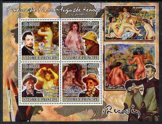 St Thomas & Prince Islands 2008 Paintings by Pierre Auguste Renoir perf sheetlet containing 4 values unmounted mint, stamps on , stamps on  stamps on arts, stamps on  stamps on personalities, stamps on  stamps on renoir, stamps on  stamps on nudes, stamps on  stamps on 