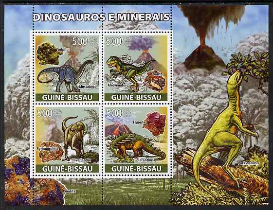 Guinea - Bissau 2008 Dinosaurs & Minerals perf sheetlet containing 4 values unmounted mint, stamps on dinosaurs, stamps on minerals, stamps on volcanoes