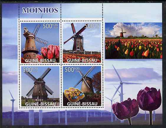 Guinea - Bissau 2008 Windmills & Tulips perf sheetlet containing 4 values unmounted mint, stamps on windmills, stamps on flowers, stamps on tulips