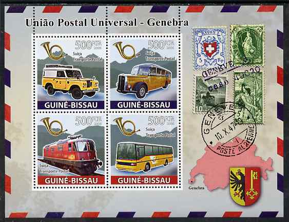 Guinea - Bissau 2008 UPU - Transport perf sheetlet containing 4 values unmounted mint, stamps on transport, stamps on  upu , stamps on buses, stamps on land rovers, stamps on railways, stamps on stamponstamp