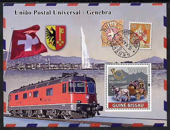Guinea - Bissau 2008 UPU - Transport perf souvenir sheet unmounted mint, stamps on transport, stamps on  upu , stamps on railways, stamps on stamponstamp, stamps on horses, stamps on coaches
