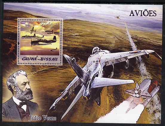 Guinea - Bissau 2005 Aircraft & Jules Verne perf s/sheet unmounted mint Mi BL 516, stamps on aviation, stamps on personalities, stamps on literature, stamps on sci-fi, stamps on shuttle