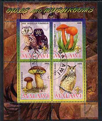 Malawi 2008 Owls & Mushrooms #1 perf sheetlet containing 4 values, each with Scout logo fine cto used, stamps on , stamps on  stamps on fungi, stamps on  stamps on birds, stamps on  stamps on birds of prey, stamps on  stamps on owls, stamps on  stamps on scouts