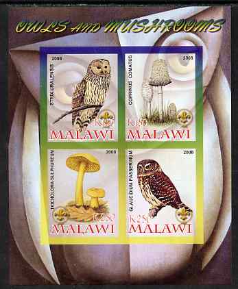 Malawi 2008 Owls & Mushrooms #2 imperf sheetlet containing 4 values, each with Scout logo unmounted mint, stamps on fungi, stamps on birds, stamps on birds of prey, stamps on owls, stamps on scouts