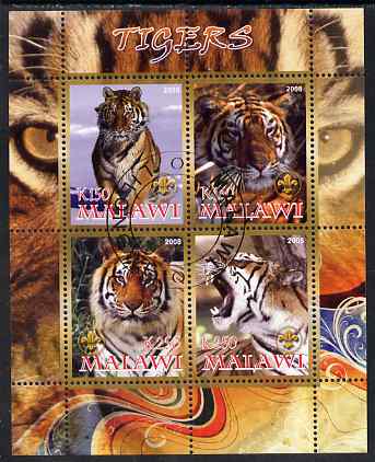 Malawi 2008 Tigers perf sheetlet containing 4 values, each with Scout logo fine cto used, stamps on animals, stamps on tigers, stamps on cats, stamps on scouts