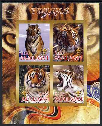 Malawi 2008 Tigers imperf sheetlet containing 4 values, each with Scout logo unmounted mint, stamps on animals, stamps on tigers, stamps on cats, stamps on scouts